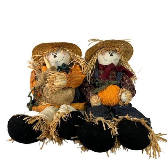 Decorative Harvest Scarecrow Couple With Straw Hats & Fabric Clothing - Picture 2 of 7